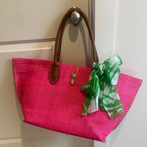 Lilly Pulitzer Pink Straw Tote with Green Scarf and Brown Handles